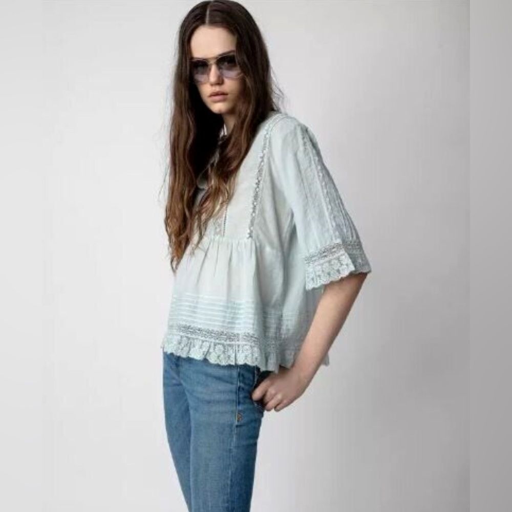 ZADIG & VOLTAIRE tosea top in celadon cottage-core girly Large NWT - Picture 12 of 14